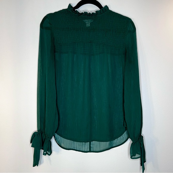 Belle and Sky Ruffle Mock Neck Blouse Medium Flounce Tie Sleeve Green Semi Sheer - Picture 1 of 14